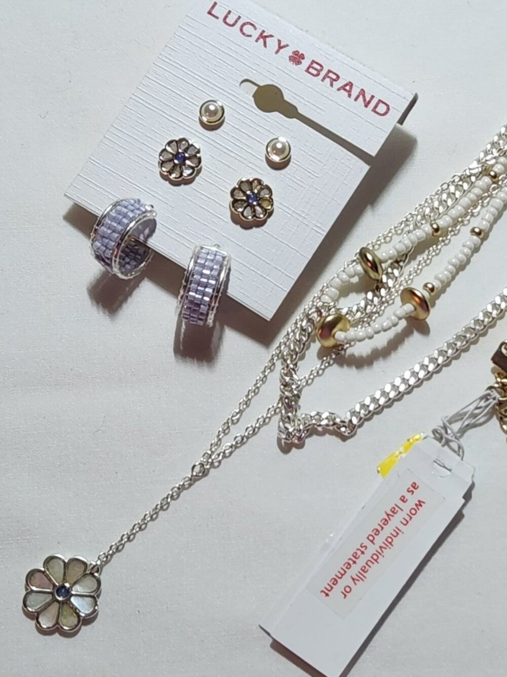 Lucky Brand triple necklace & triple earring set daisy white bead NWT